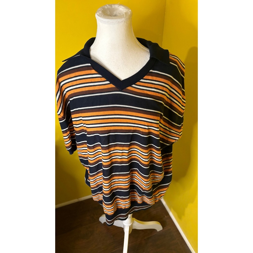 Banana Republic Cotton Sweater Polo Shirt XL Orange Navy Blue Striped Retro Knit